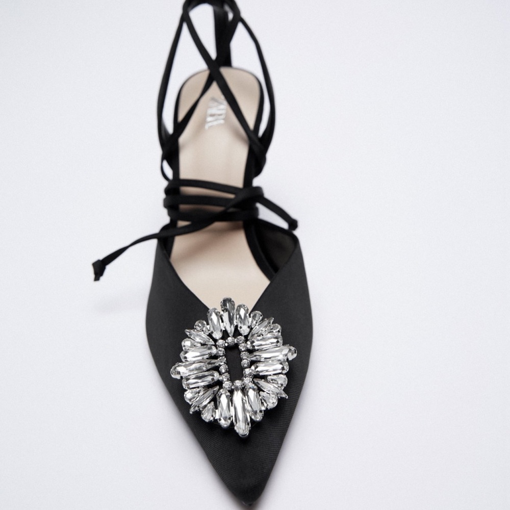 Zara Black Satin Pointed Slingback Heels with Crystal Brooch - Picture 9 of 16
